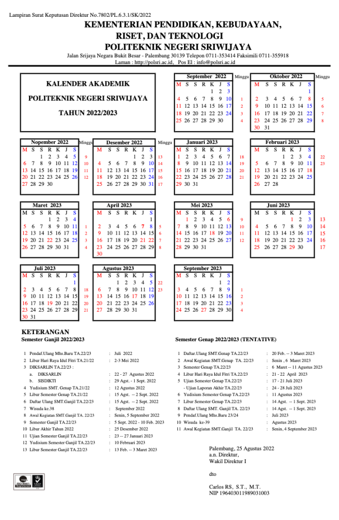 Kalender Akademik Tahun Ajaran Teknik Komputer Politeknik Negeri Sriwijaya